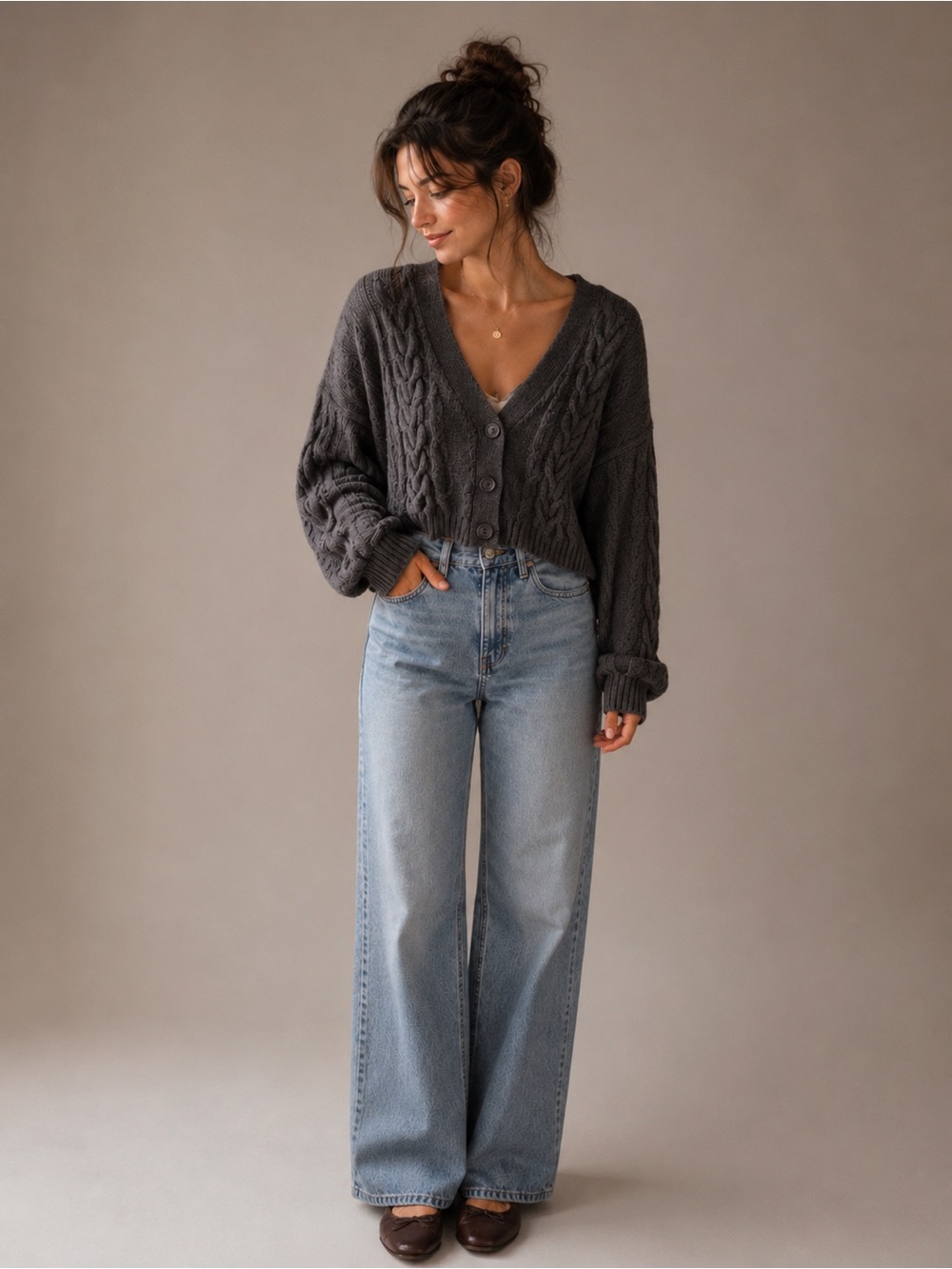 Chunky Cable V-Neck Cardigan Sweater in Dusty Brown